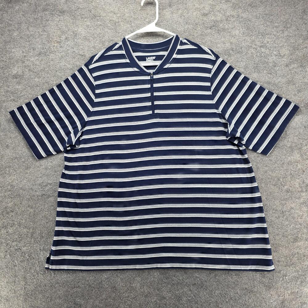 Lands End Shirt Mens 1X Navy White Stripe Quarter Zip Mock Neck Stretch Top